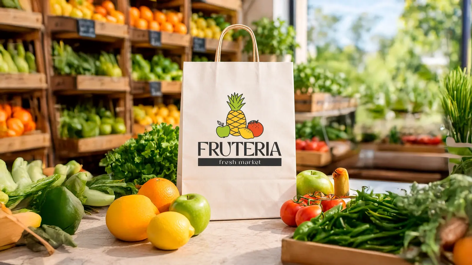 Fruteria fresh market identity on a shopping bag