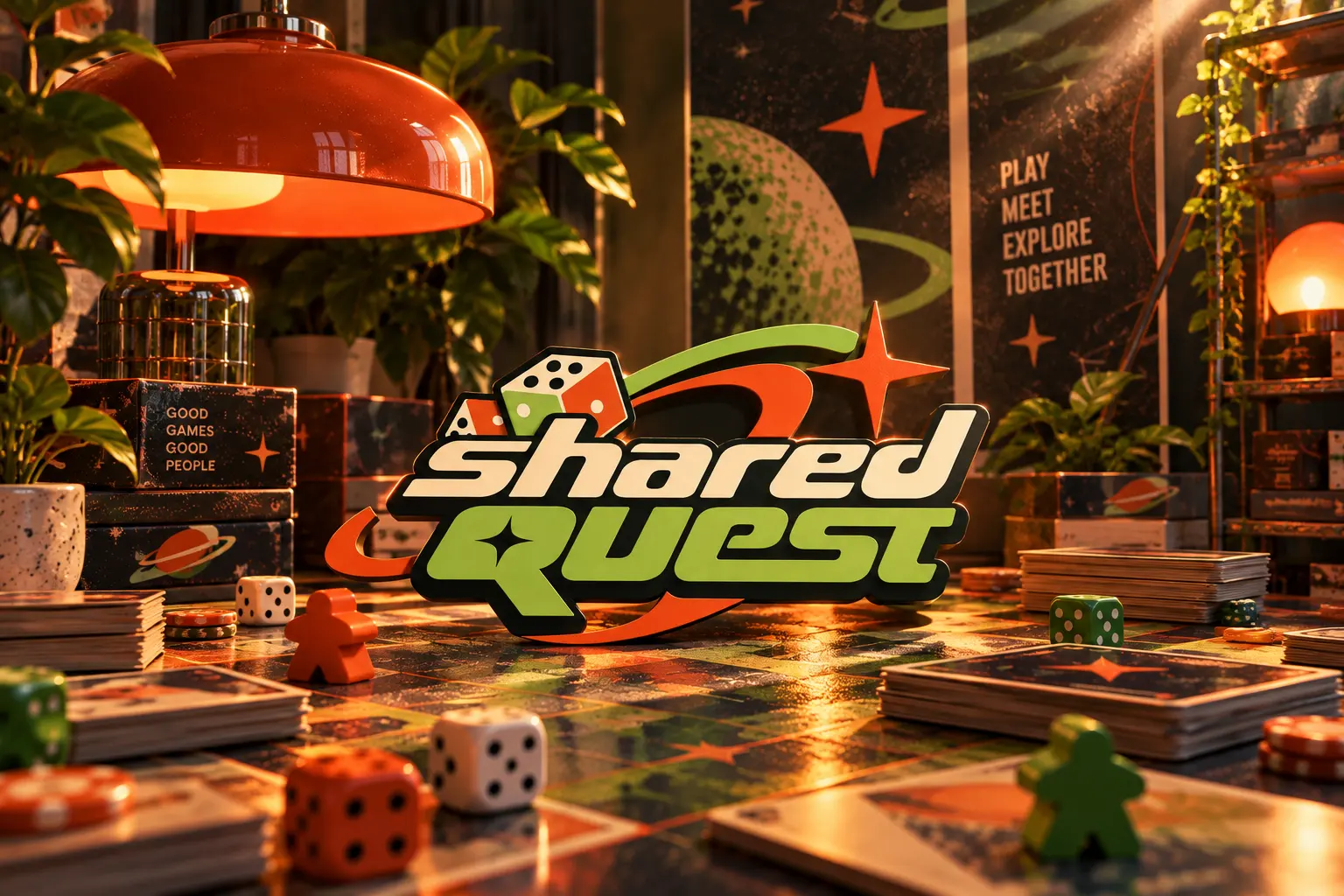 Shared Quest tabletop game brand identity with dice and game pieces